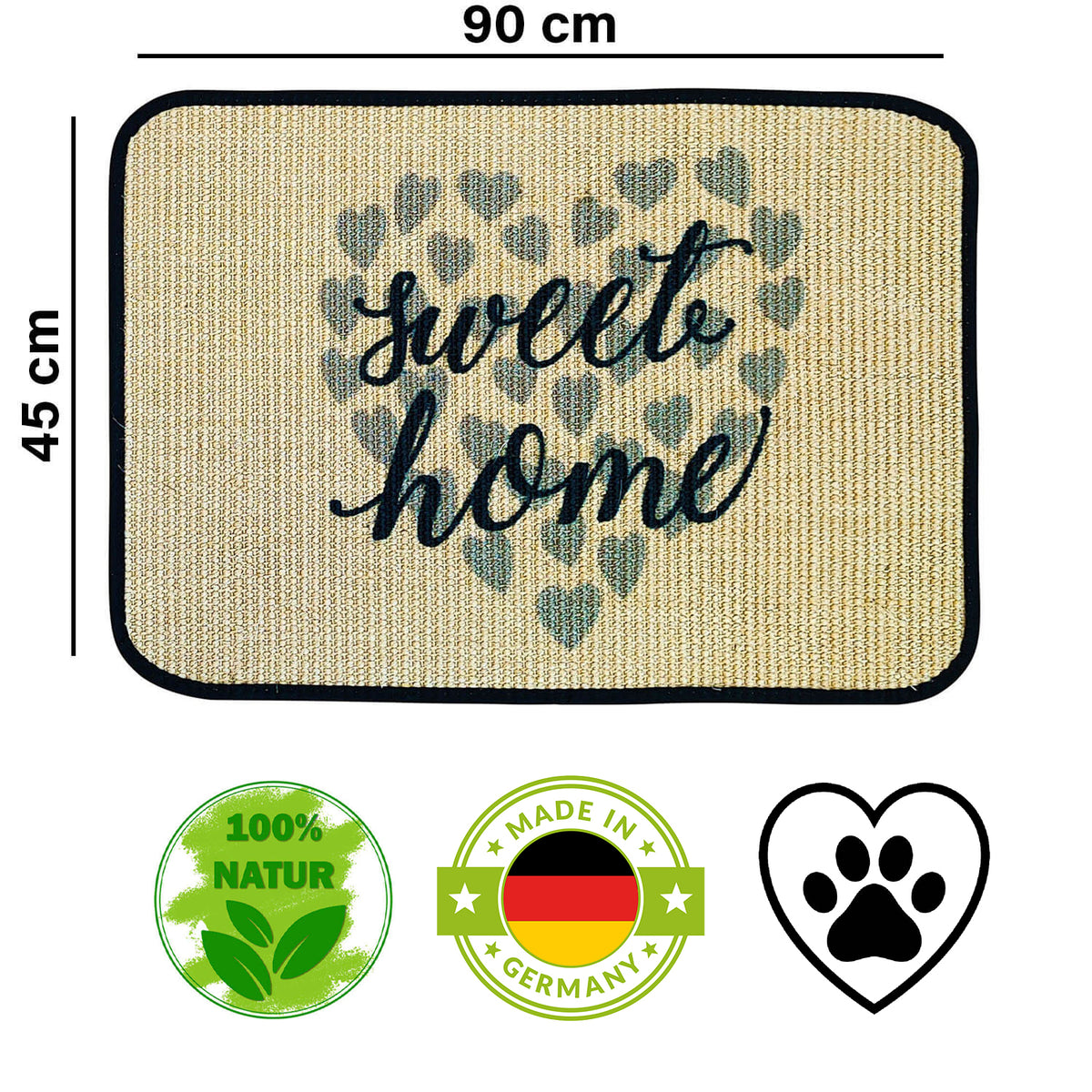 Fußmatte | 'sweet home' mit Herz | 45 x 90 cm | Sisal | Naturlatex