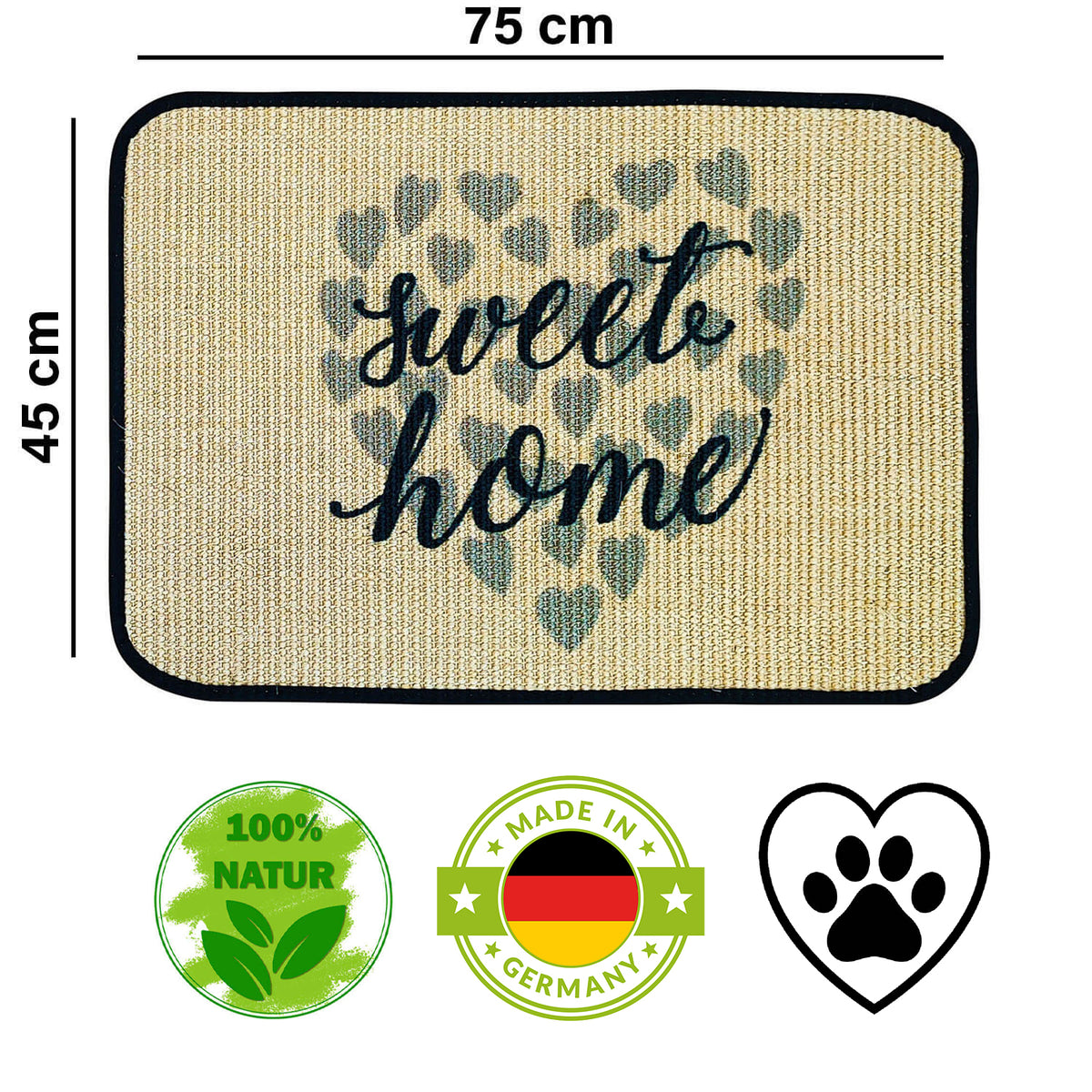 Fußmatte | 'sweet home' mit Herz | 45 x 75 cm | Sisal | Naturlatex