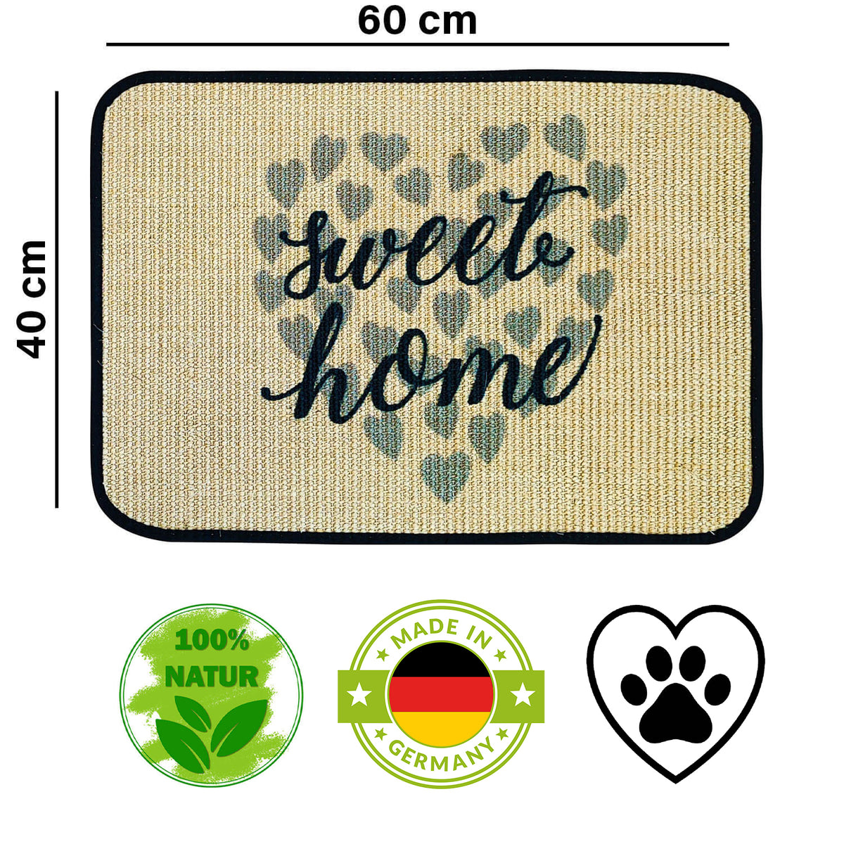 Fußmatte | 'sweet home' mit Herz | 40 x 60 cm | Sisal | Naturlatex