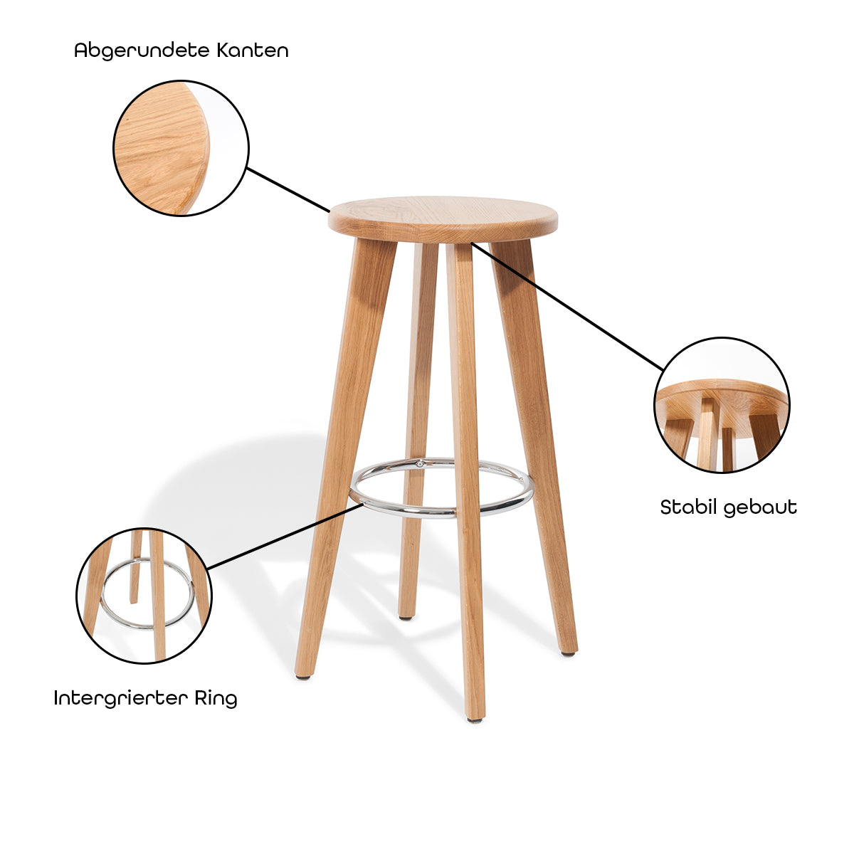 Massivholz Barhocker 'Allrounder' | DM 45 x H 79 cm | Buche lackiert | Fußring verchromt