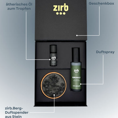 Geschenkebox 'Bergerlebnis' | Raumspray 'Bergwald' 50 ml | Öl 'Klassik' 10 ml | Steinspender Stein