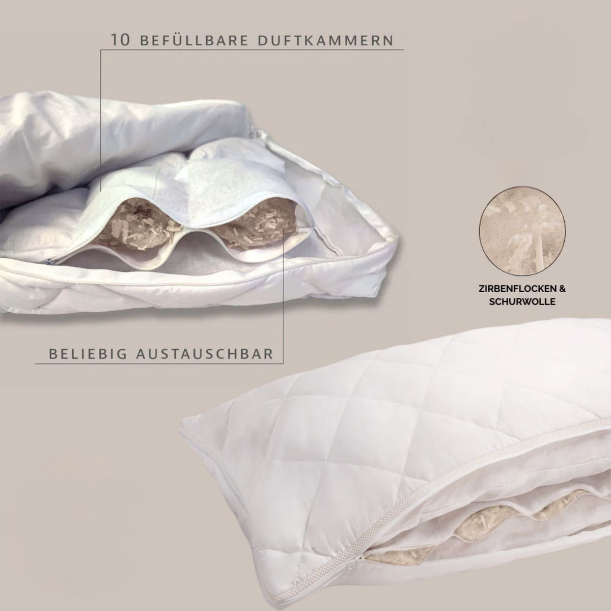 Physionight Duftschlafkissen 2 in 1  Dufteinlage Zirbe und Schurwolle | 40 x 80 cm