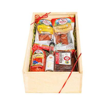Genusskiste 'Piment' | Speck,  Würste, Schnaps | 850 g + 0,04 l | Holzkiste