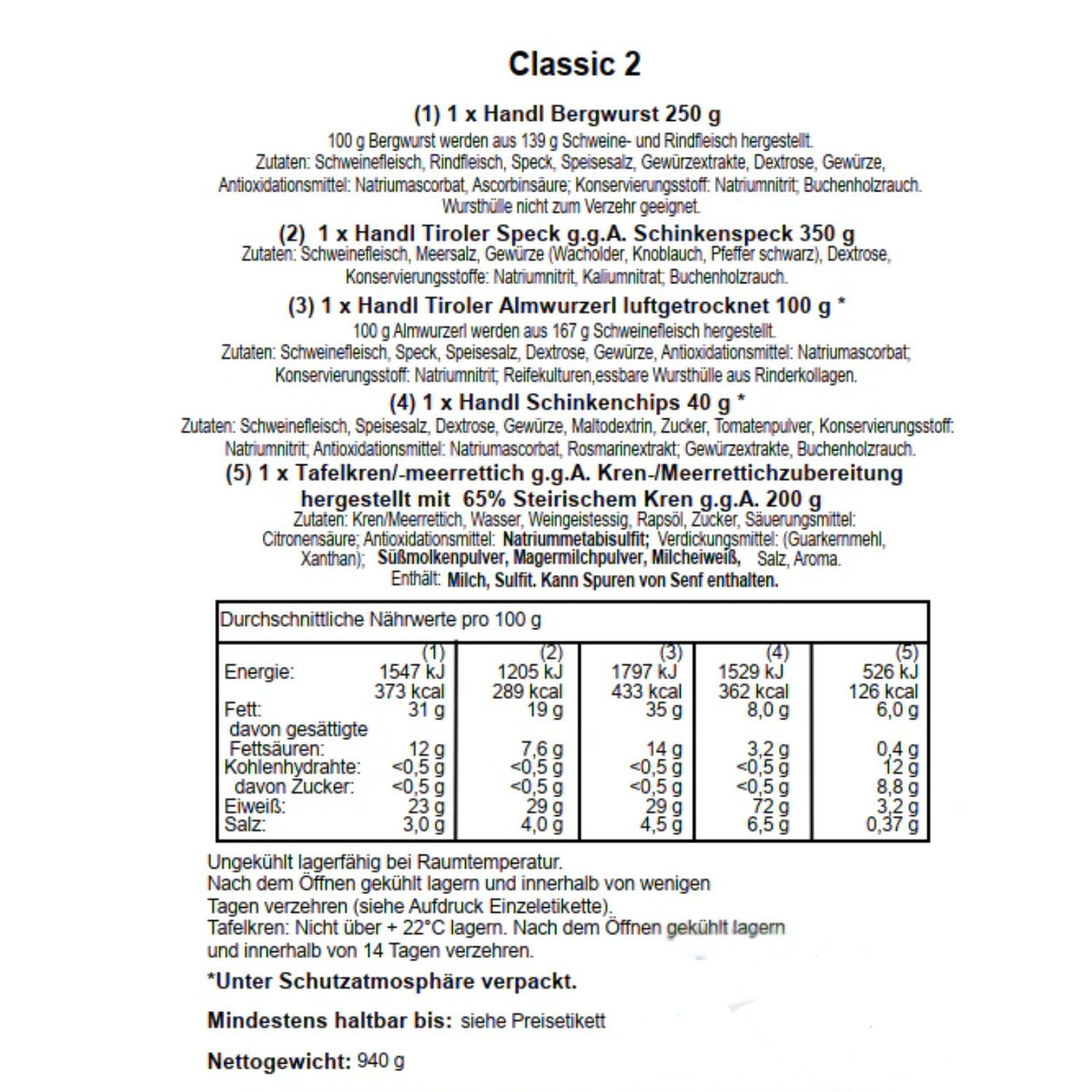 Genusspaket 'Classic2' | Speck,  Würste, Kren | 940 g | Holzkiste
