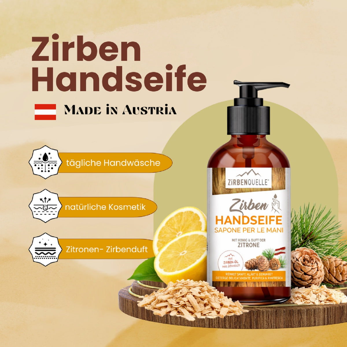 ZQ Zirben Handseife | 250 ml | Flasche mit Pumpspender