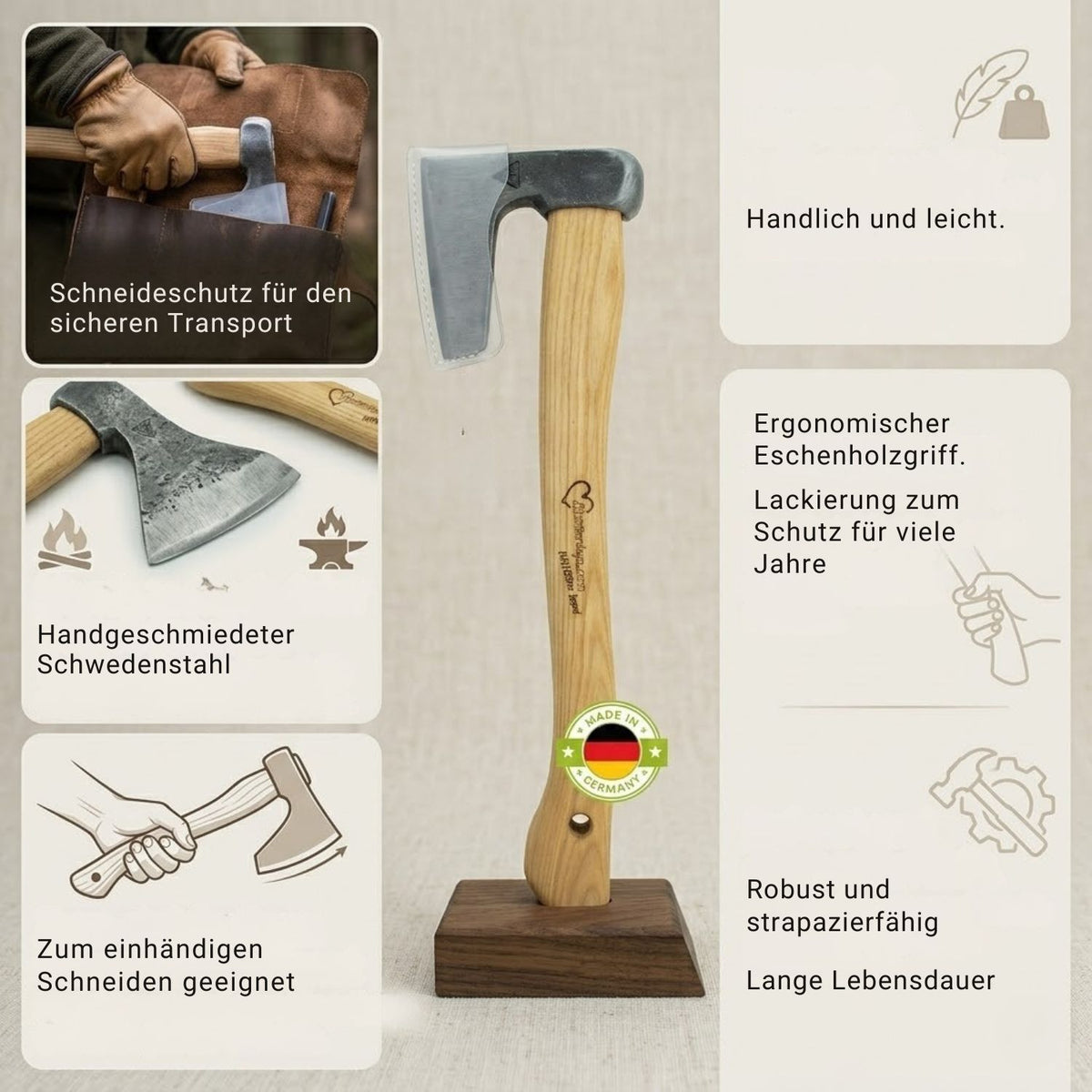 Jägerbeil | aus Schwedenstahl | mit stabilem Eschenstiel | inkl. gratis Schleifstein | handgeschmiedet in Deutschland