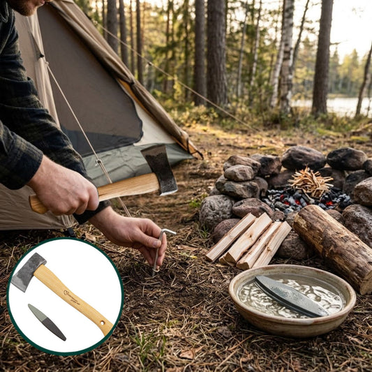 Campingbeil | aus Schwedenstahl | mit stabilem Eschenstiel | inkl. gratis Schleifstein | handgeschmiedet in Deutschland