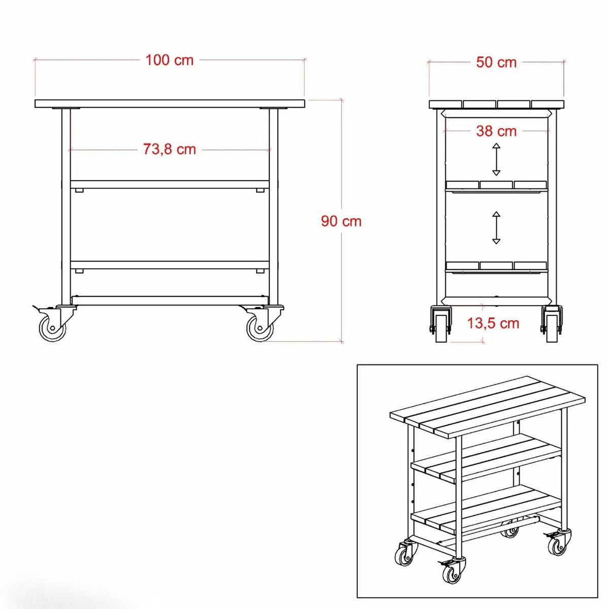 Pflanz-/Grilltisch 'Urban' | Regalfach | Rollen | L 100 x B 50 x H 90 cm | ThermoWood® | Beschläge schwarz