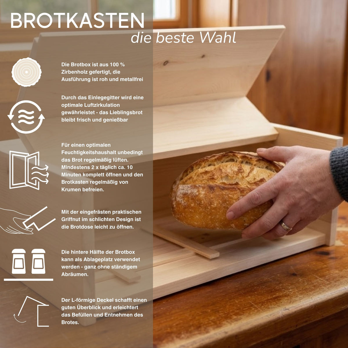 Brotkasten mit Klappe | inkl. Zirbenholz-Gitter und Bienenwachstuch |  L 45 x H 16 x B 25 cm | 100% Zirbenholz | Echtes Handwerk