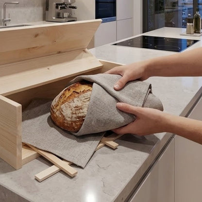 Brotkasten | inkl. Zirbenholz-Gitter & Bäckerleinen |  45 x 16 x 25 cm | 100% Zirbenholz | Echtes Handwerk