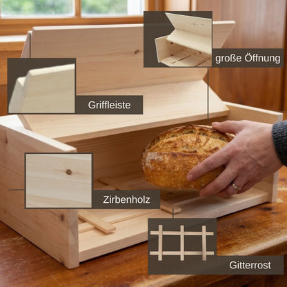Brotkasten mit Klappe | inkl. Zirbenholz-Gitter |  L 45 x B 16 x H 25 cm | 100% Zirbenholz
