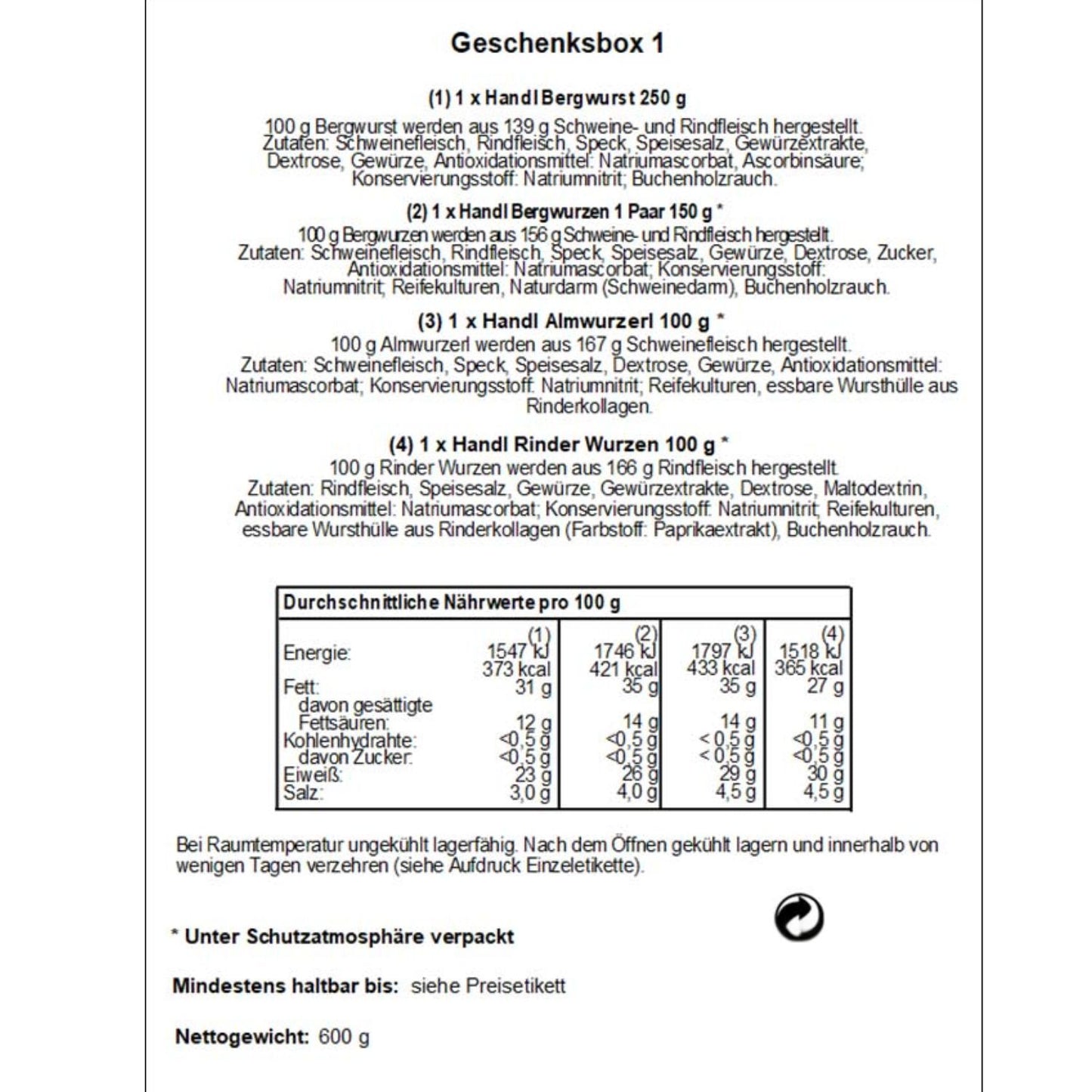 Genussbox 'Salz' | 4 verschiedene Würste | 600 g | im Geschenkskarton | Made in Austria