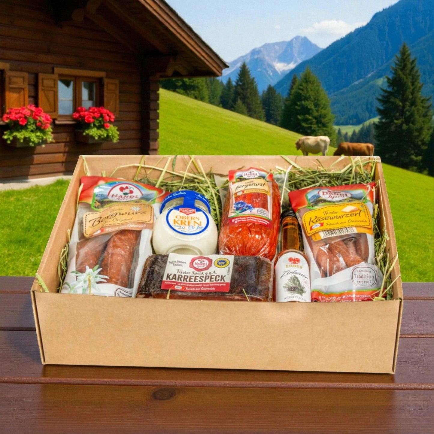 Genussbox 'Kren' | Speck, verschiedene Würste, Schnaps, Kren | 950 g x 0,04 l | im Geschenkskarton | Made in Austria