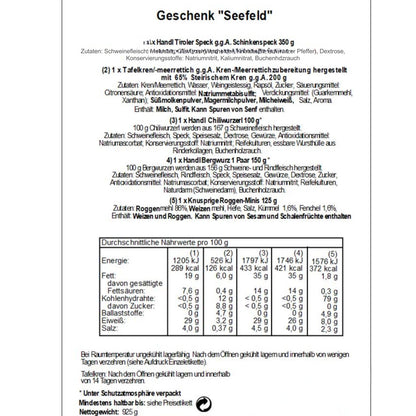 Genusspaket 'Seefeld' | Speck, Würste, Schüttelbrot, Kren | 925 g | im Geschenkskorb | Made in Austria