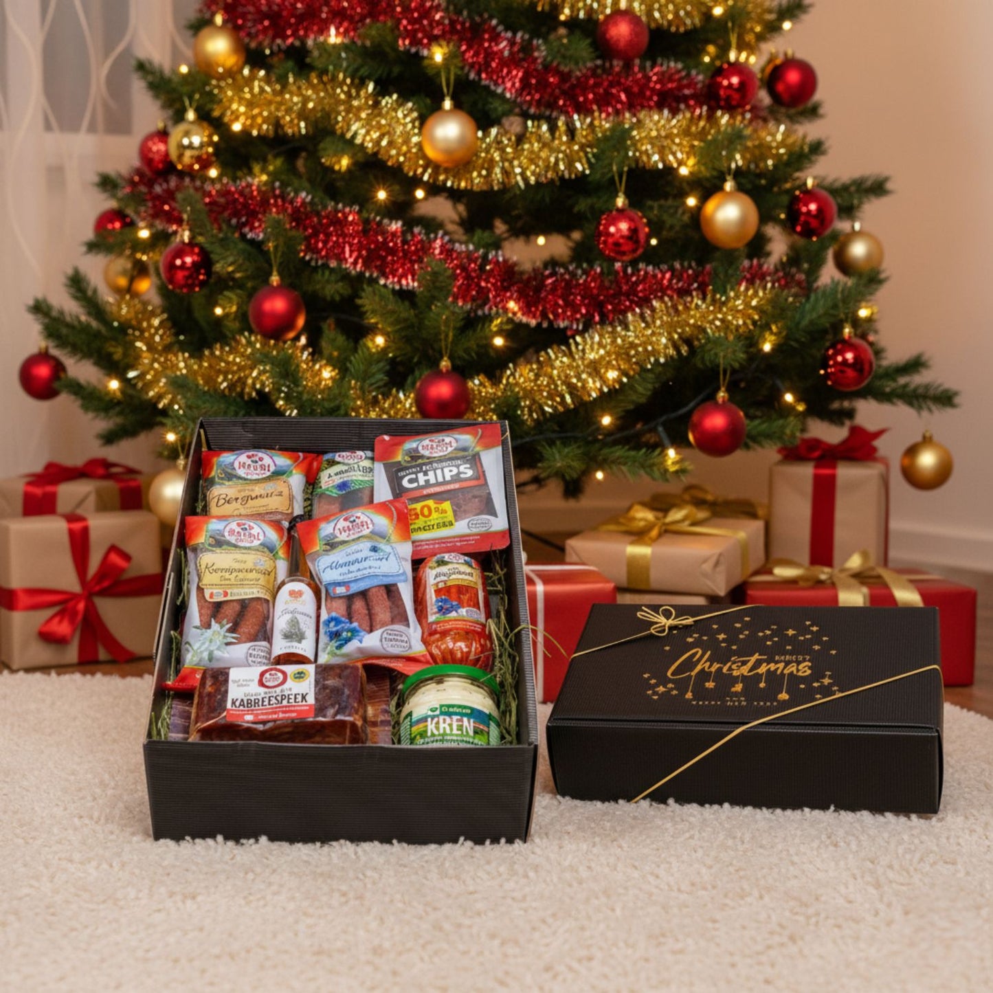 Weihnachts-Genussbox 'Wacholder' | verschiedene Würste, Speck, Schnaps, Kren | 1290 g + 0,04 l | Made in Austria