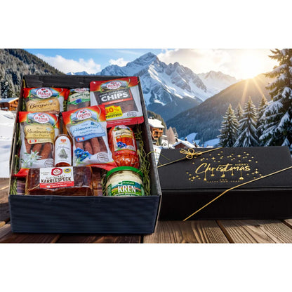 Weihnachts-Genussbox 'Wacholder' | verschiedene Würste, Speck, Schnaps, Kren | 1290 g + 0,04 l | Made in Austria