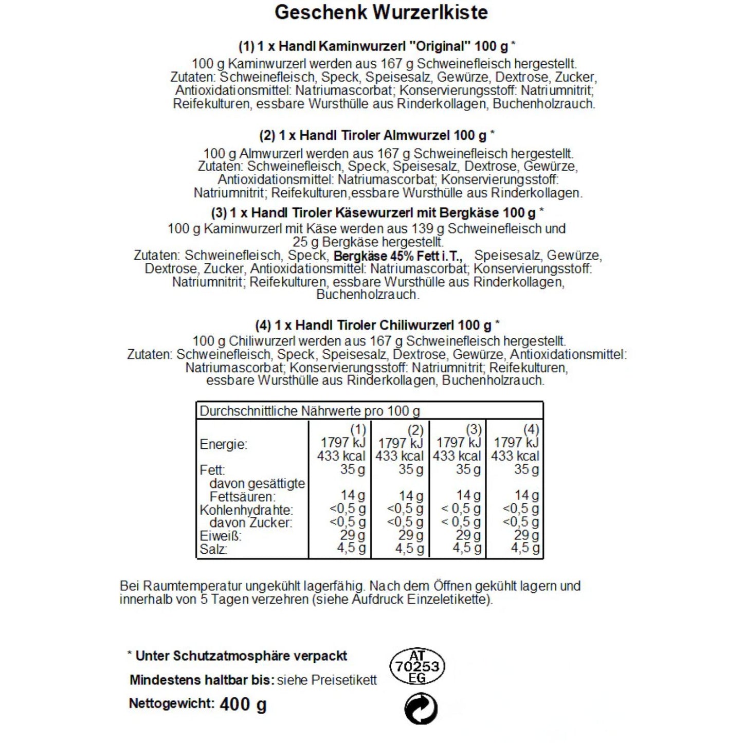 Wurzerlkiste | 4 verschiedene Würste | 400 g | in der Holzkiste | Made in Austria