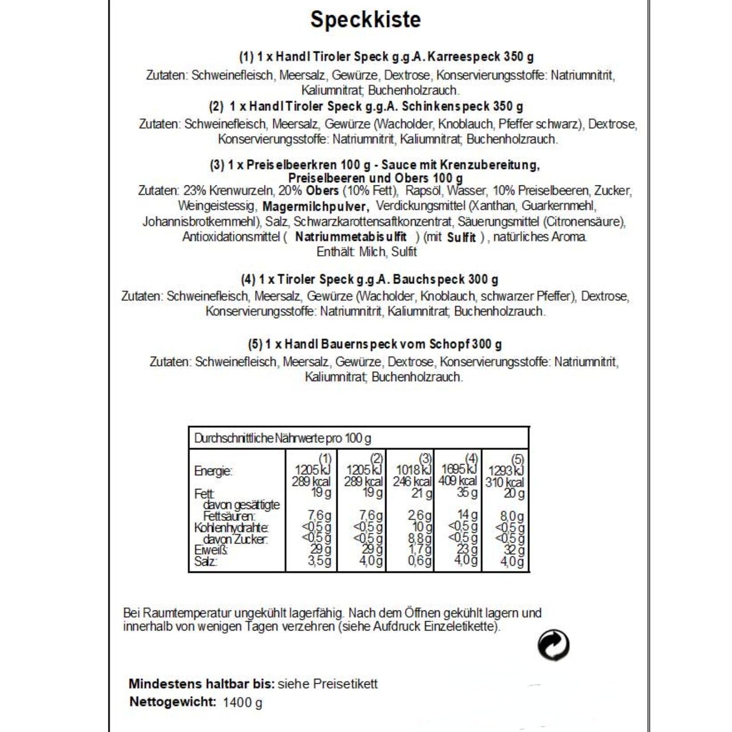 Speckkiste | 4 verschiedene Specksorten, Preiselbeerkren | 1400 g | im Geschenkskarton | Made in Austria