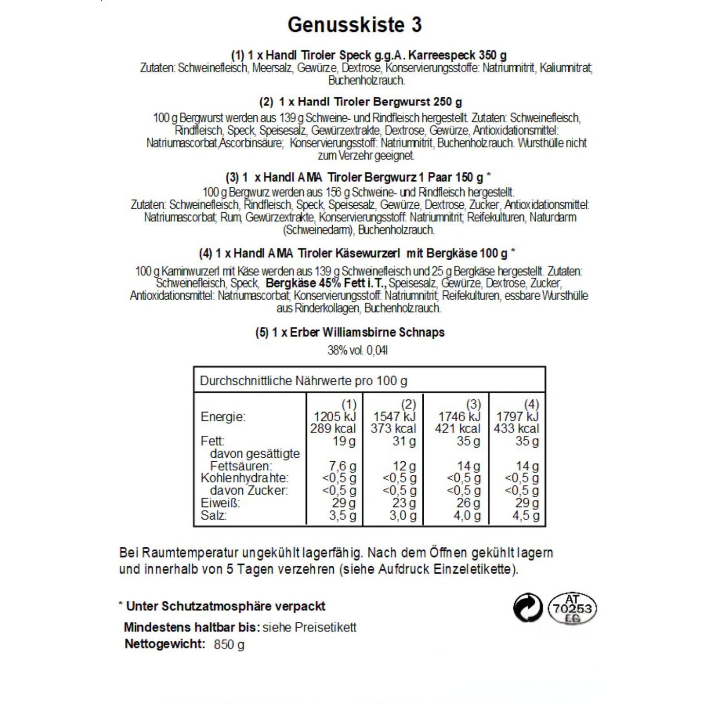 Genusskiste 'Piment' | Speck, verschiedene Würste, Schnaps | 850 g + 0,04 l | in der Holzkiste | Made in Austria