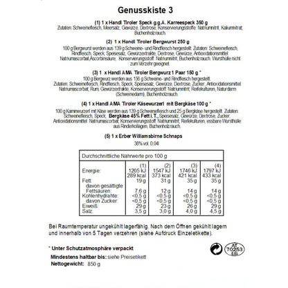 Genusskiste 'Piment' | Speck, verschiedene Würste, Schnaps | 850 g + 0,04 l | in der Holzkiste | Made in Austria