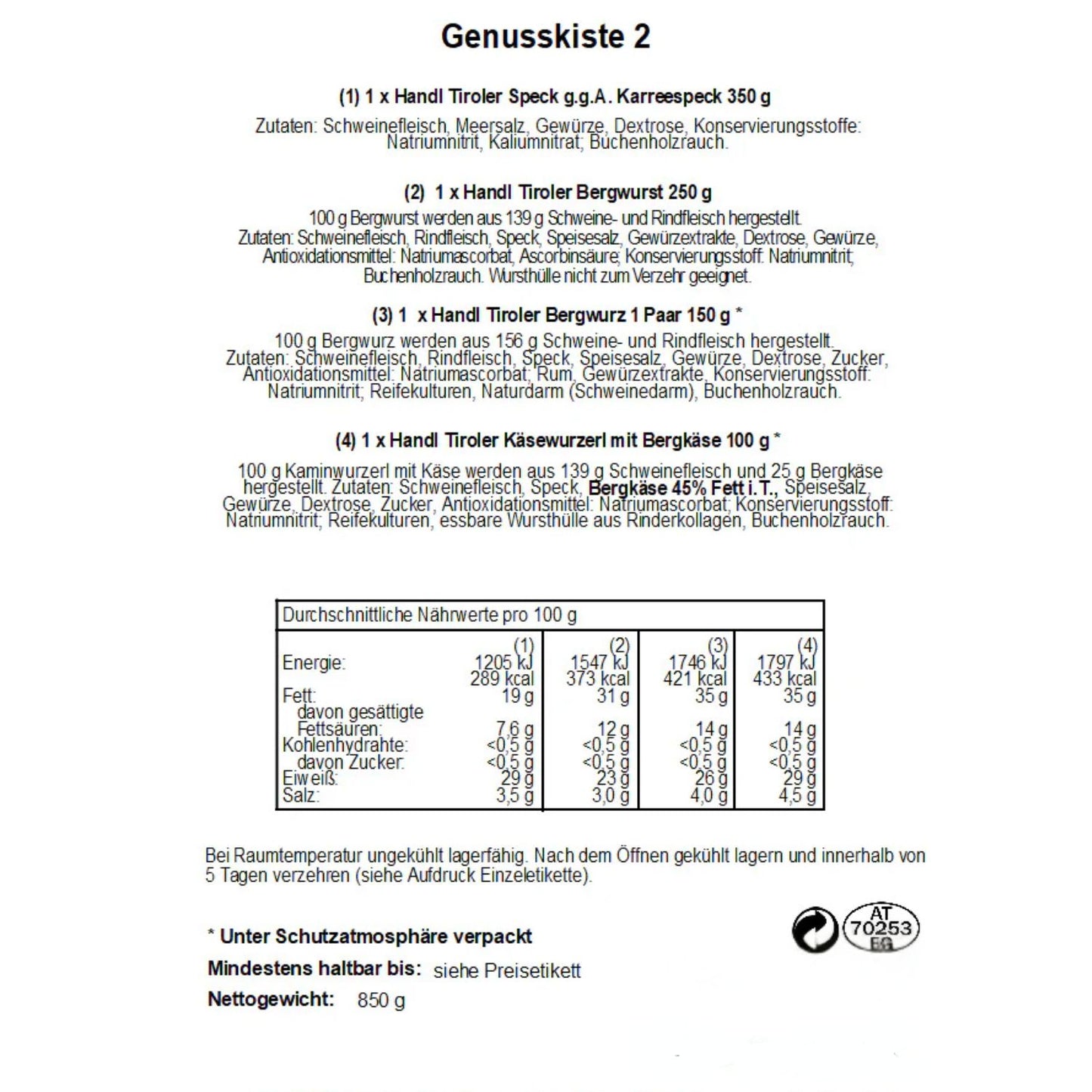 Genusskiste 'Koriander' | Speck, verschiedene Würste | 850 g | in der Holzkiste | Made in Austria