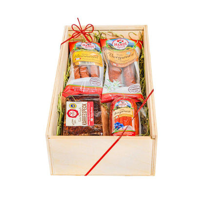 Genusskiste 'Koriander' | Speck, verschiedene Würste | 850 g | in der Holzkiste | Made in Austria