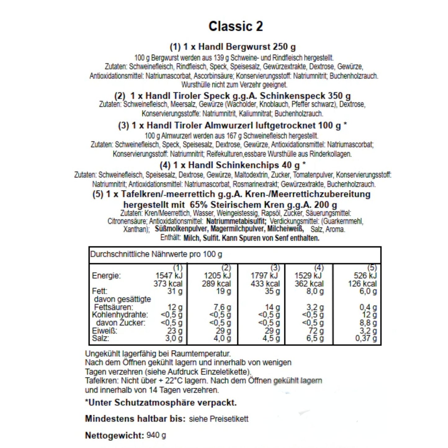 Genusspaket 'Classic2' | Speck, verschiedene Würste, Kren | 940 g | in der Holzkiste | Made in Austria