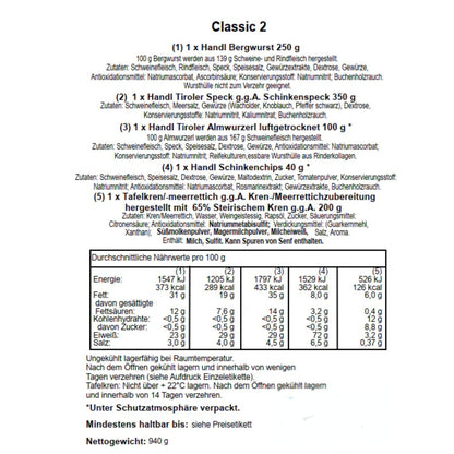 Genusspaket 'Classic2' | Speck, verschiedene Würste, Kren | 940 g | in der Holzkiste | Made in Austria