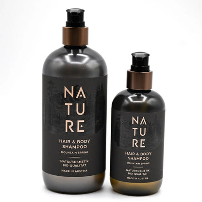 Hair & Body Shampoo 'Mountain Spring' | tierversuchsfrei | vegan | Kunststoffgebinde mit Pumpfunktion | Made in Austria