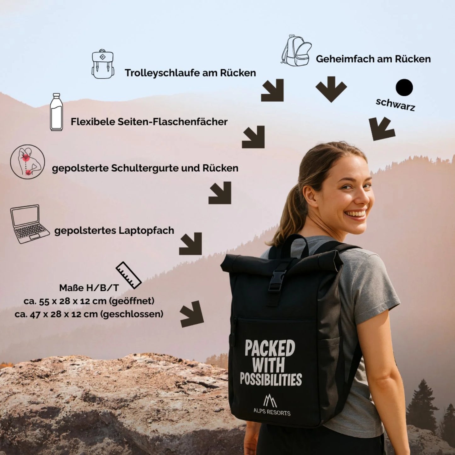 ALPS RESORTS Roll-up Rucksack | 55 x 28 x 12 cm | flexibler Rollverschluß | aus recyceltem PET
