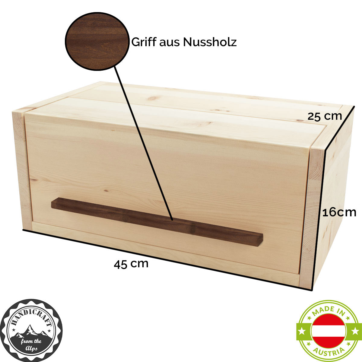 Brotkasten aus Zirbenholz | mit Nussgriff und Klappdeckel | mit gratis Einlegegitter | 45 x 25 x 16 cm | Made in Austria