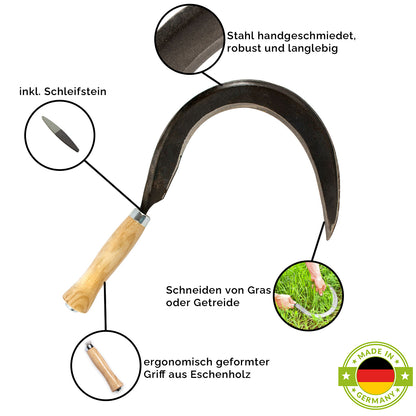 Mondsichel für Rechtshänder 14 cm Stiellänge inkl. gratis Schleifstein- Handarbeit aus Deutschland