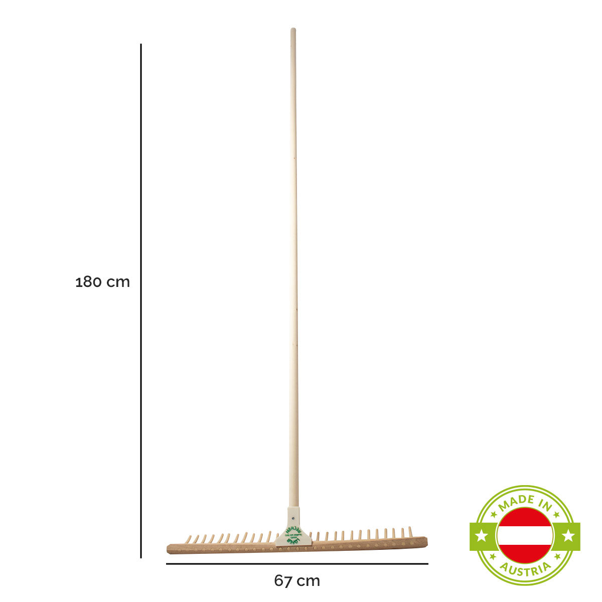 Hochwertiger Rasenrechen mit 28 Kunststoffzinken | 67 cm Rechenhaupt | 180 cm Lindenholzstiel  | Made in Austria