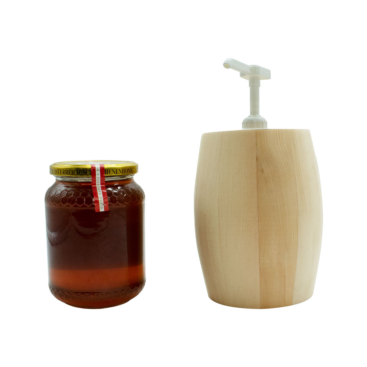 Einzigartiger 4-teiliger Honigspender aus Alpen Zirbenholz für verschiedene Honig-Glas-Größen und tropffreiem Spender