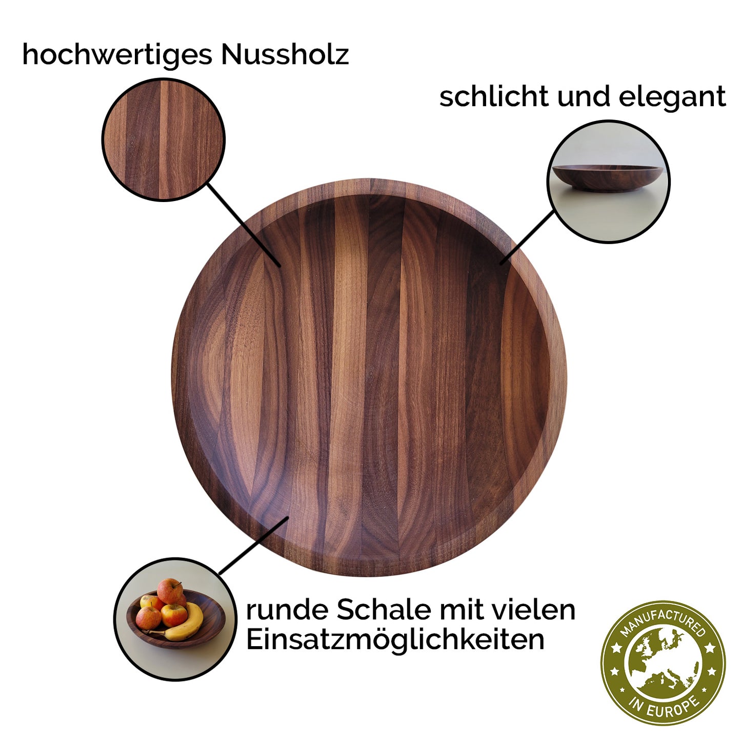 Schale, Schüssel | in Nussholz  | rund  24,5 x 4,5 cm | Made in Europe