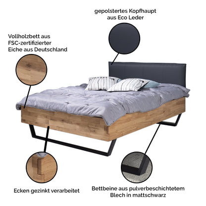 Vollholzbett '4 Better Sleep' | Eiche geölt | Kopfhaupt mit Kunstleder gepolstert | Beine aus Metall | in verschiedenen Ausführungen | Zertifiziertes Holz aus Deutschland