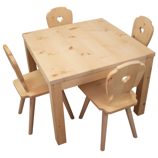 Kindersitzgruppe in Zirbenholz ‘Sweetheart’ | 1 Tisch und 4 Stühle | Made in Südtirol