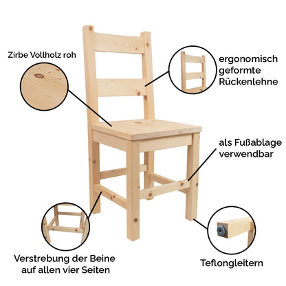 Rustikaler Stuhl 'Thor' aus massivem Zirbenholz | stabil und langlebig | inkl. Teflongleiter | Hergestellt in Südtirol