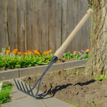 Bio-Handrechen | aus Schwedenstahl  | 5 Zinken | 48 cm ergonomischer Eschen-Knopf-Stiel | handgeschmiedet in Deutschland