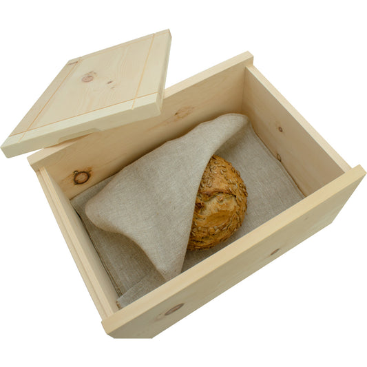 Hochwertige Brotdose aus massivem Zirbenholz 35x25x15,8 cm | mit abnehmbarem Deckel | inkl. Einlegegitter & Bäckerleinen
