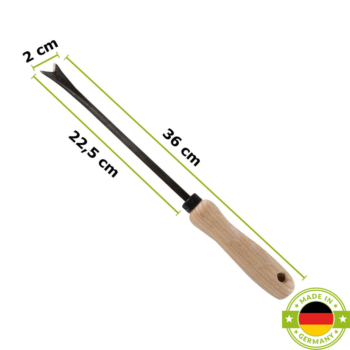 Unkrautstecher mit Eschenstiel Grifflänge: 14 cm Gesamtlänge: 36 cm Gewicht: 200 gr handgeschmiedet in Deutschland