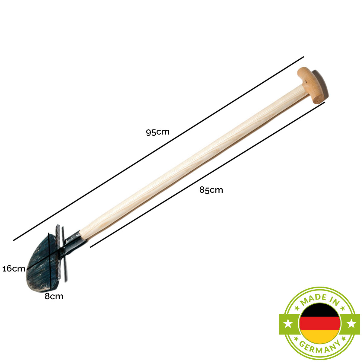 Rasenkantenstecher mit Tritt, 85 cm ergonomischem Eschenholzstiel und Halbmond-Messer aus hochwertigem Stahl - Handgemacht in Deutschland