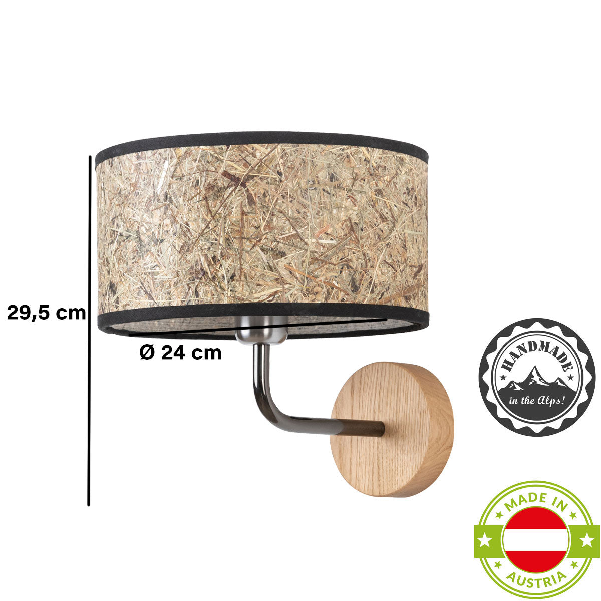 Wandleuchte Heu und Holz-Metall zylindrisch 24 cm DM – Handarbeit aus Österreich