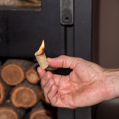 Eine Hand hält einen brennenden Anzünder in der Hand vor dem Kaminofen