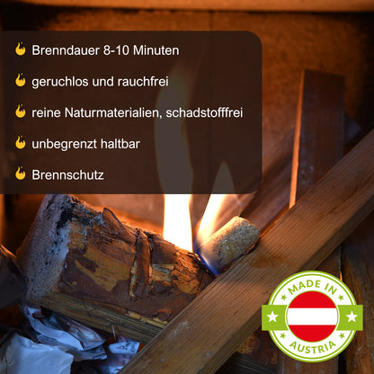 Kaminfeuer im Hintergrund mit Auflistung der Vorteile  und INformationen