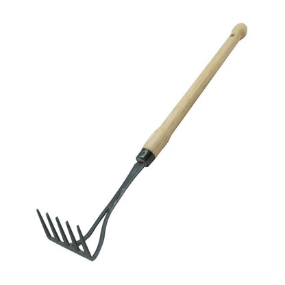 Bio-Handrechen | aus Schwedenstahl  | 5 Zinken | 48 cm ergonomischer Eschen-Knopf-Stiel | handgeschmiedet in Deutschland