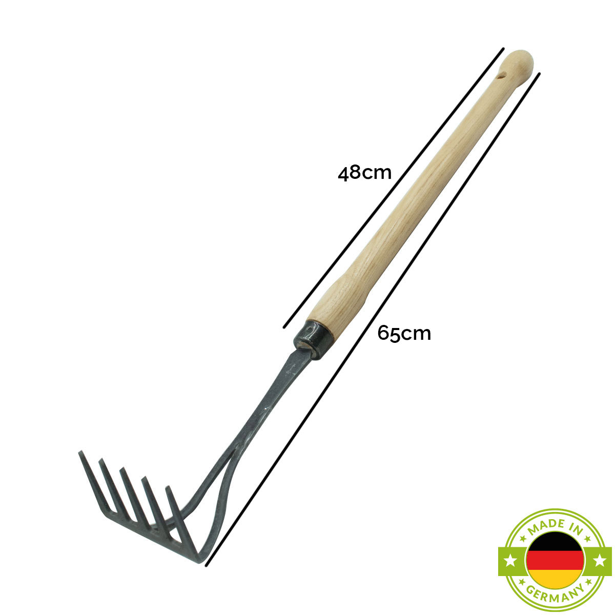 Bio-Handrechen | aus Schwedenstahl  | 5 Zinken | 48 cm ergonomischer Eschen-Knopf-Stiel | handgeschmiedet in Deutschland