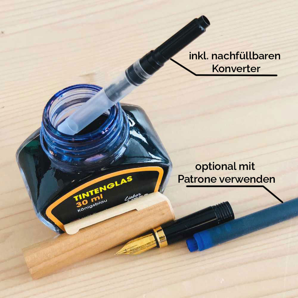 Personalisierter Füller mit Tintenkonverter aus geöltem Birnenholz Federstärke M - nachhaltige Handarbeit aus Deutschland