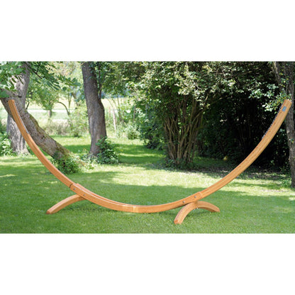 Hängemattengestell Arcus | L 437 x B 160 x H 145 cm | Lärchenholz mit Edelstahlbeschlägen | Balastbarkeit max. 200 kg | Made in Austria