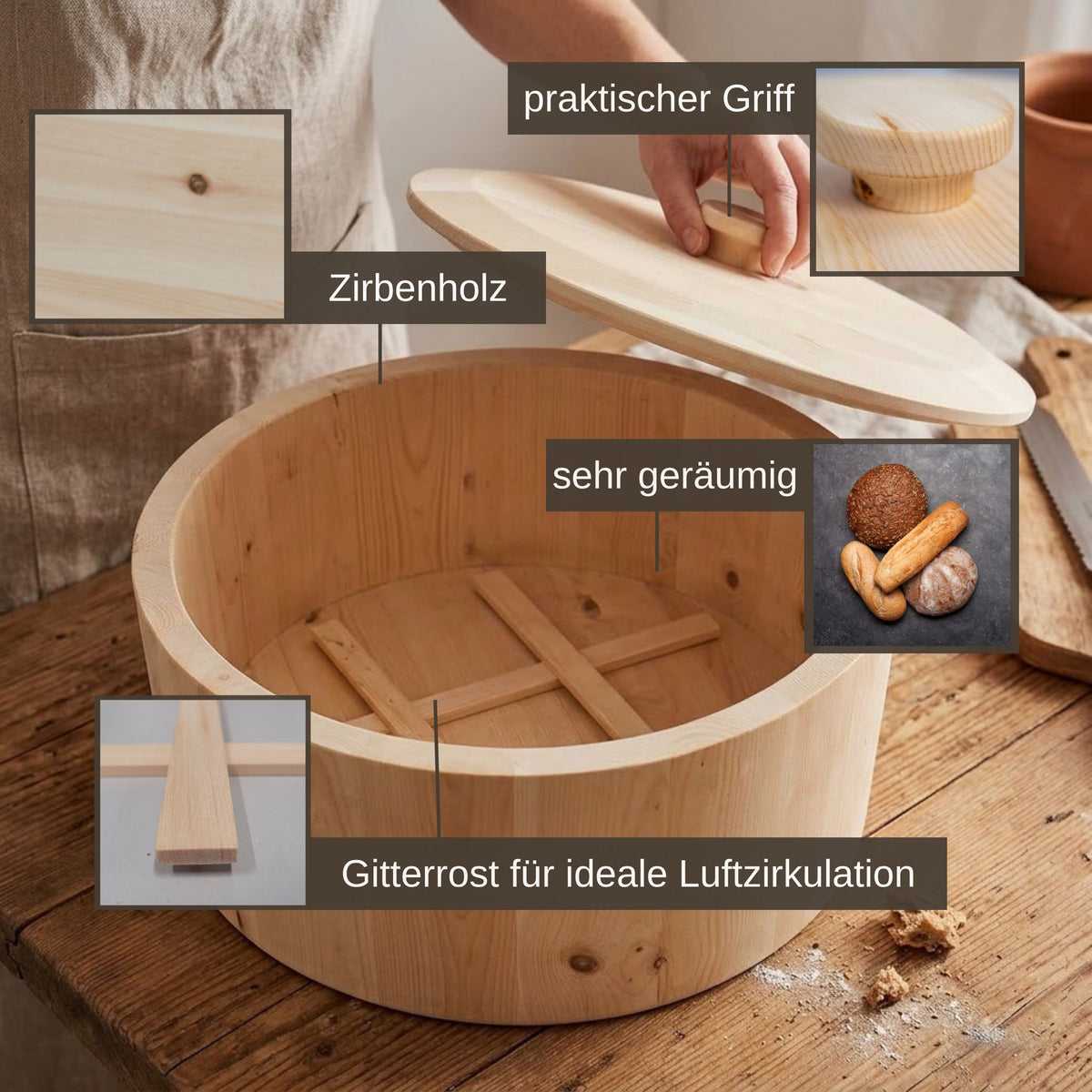 Hochwertiger runder Brotkasten aus Zirbenholz | 34,3x34,3x21,6 cm (LxBxH)  | inkl. Zirbengitter